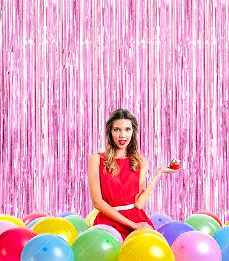 i-CHONY 2 Pcs 3.2ft x 8.2ft Shiny Pink Metallic Tinsel Foil Fringe Curtains Photo Booth Pink Backdrop for Birthday Wedding Bridal Shower Baby Shower Bachelorette Party Decorations - Image 3